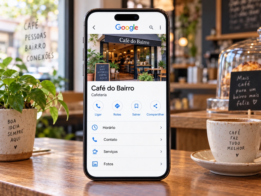 Exemplo ilustrativo de uma cafeteria com fotos e informações no perfil do Google